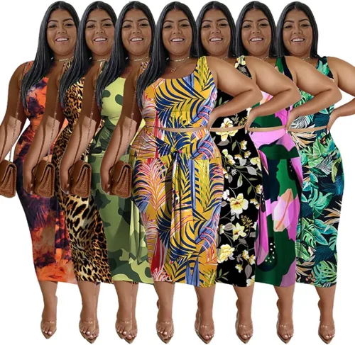 Vista 5 de MRSFITOK Conjunto de 2 piezas para mujer de talla grande, sexy, vestido a media pierna, sin mangas, camiseta sin mangas, falda entallada, conjunto
