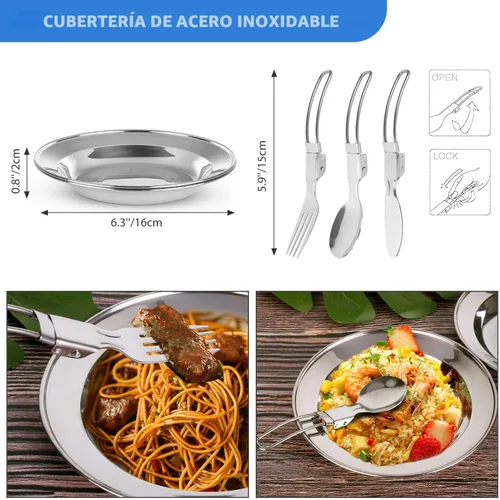 Vista 6 de Odoland 15pcs Camping Cookware Mess Kit, Non-Stick Lightweight Pot Pan Kettle Set with Stainless Steel Cups Plates Forks Knives Spoons for Camping