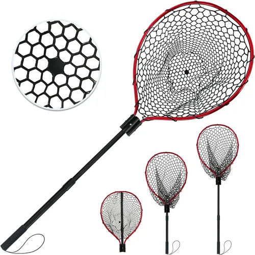 Vista 9 de Red de pesca de goma telescópica de metal con mango Longitud: 59 "Profundidad: 19.7 "Aro: 26 "x18" Muelle de red de aterrizaje de peces de silicona