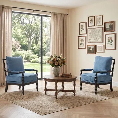 Vista 3 de DUHOME Silla decorativa de tela de lino con marco de madera, sillas de carrete de acento modernas con asiento de resorte acolchado y base azul