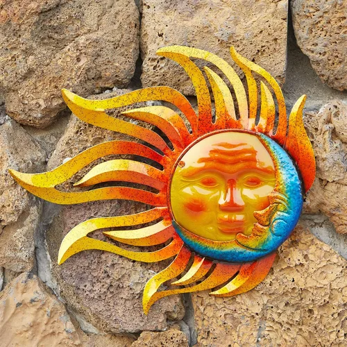 Vista 6 de Decoración de pared de metal para jardín, decoración de valla de jardín al aire libre, arte de pared de sol y luna, arte de pared colgante Lndoor