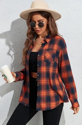Vista 3 de KevaMolly Camisas de franela de manga larga a cuadros para mujer ajuste holgado camisa con botones blusa casual de franela