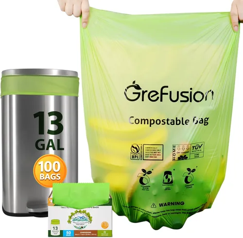 Vista 9 de GreFusion Bolsas compostables para cubo de compost de cocina, 1.2 galones, 125 unidades, certificadas por BPI y ASTM, a prueba de fugas y control