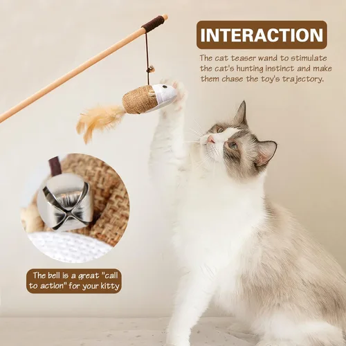 Vista 5 de KABB Juguetes para gatos de interior, 3 piezas de 16 pulgadas de madera natural para gatos con recambios de teaser para gatos y gatitos que se Lino