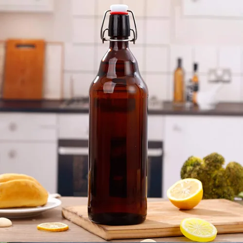 Vista 5 de Botellas de vidrio, botella de almacenamiento de vidrio marrón recargable con tapas abatibles, botellas de cierre de hierro ámbar con calcomanías