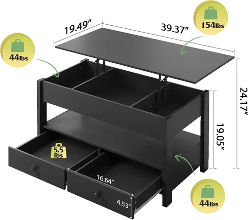 Vista 3 de WLIVE Mesa de Centro, Mesa de Centro con Tapa Elevable con 2 Cajones, Gran Almacenamiento y Estante Abierto, Tapa de Mesa Elevable para Sala de Negro