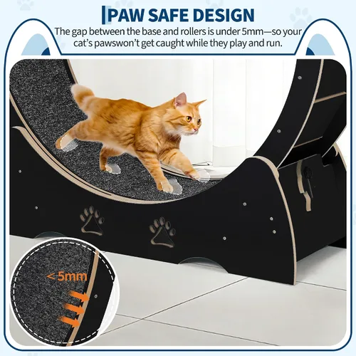 Vista 6 de Cat Exercise Wheel Wooden Running Treadmill with Carpeted Runway for Indoor Black