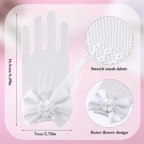 Vista 2 de Yolev Juego de 4 piezas de collar de perlas, pulseras, aretes, conjuntos de joyas y guantes de comunión de encaje blanco para concursos de boda