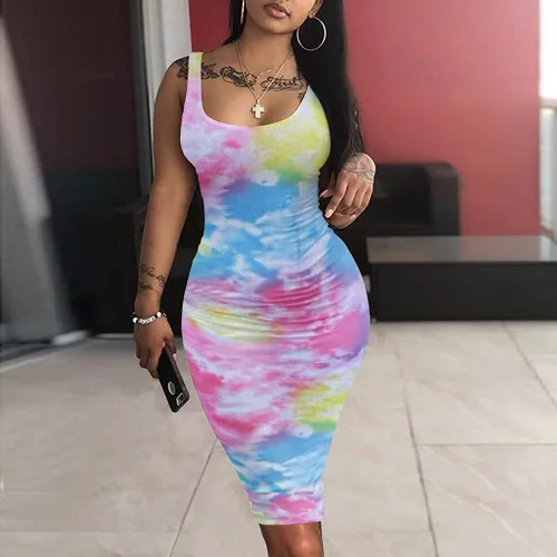 Vista 3 de Weiyinhe - Vestido de verano sexy para mujer, casual, teñido anudado, cuello redondo, sin mangas, para discoteca, playa, prenda básica, por debajo