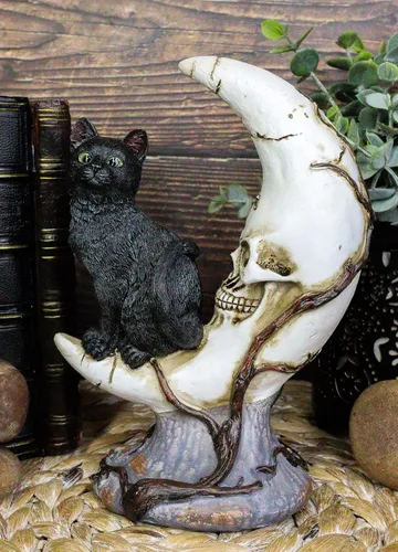 Vista 2 de Ebros Gift Hora de brujas realista Halloween gato negro sentado en luna creciente calavera figura con ojos de cristal, brujas, Wicca, gatos felinos