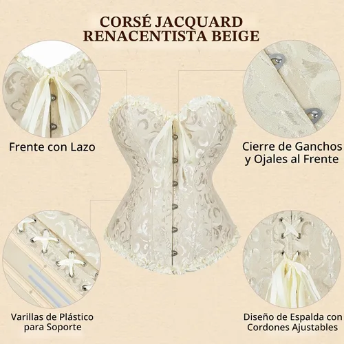 Vista 6 de frawirshau - Corsé para mujer, con cordones, con varillas, escultor de cuerpo, lencería Beige