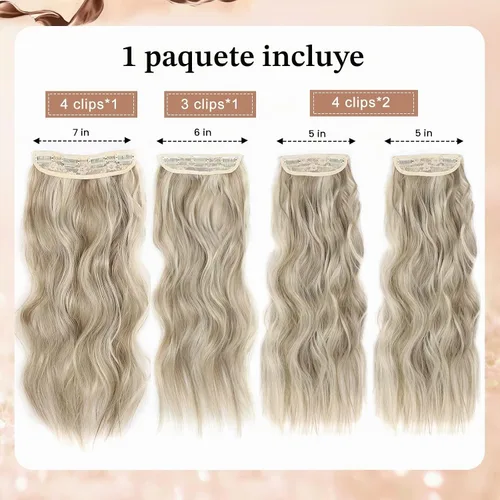 Vista 2 de 4 piezas de extensiones de cabello rizado con clip, color dorado oscuro, mezcla de rubio beige, sintético de 20 pulgadas de largo, extensiones