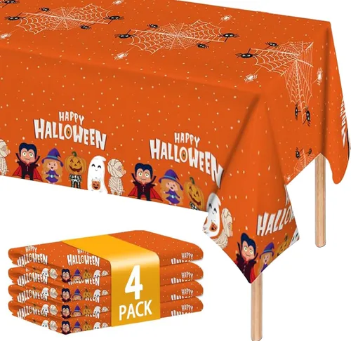 Vista 8 de ATFUNSHOP Mantel de plástico de Halloween, 4 unidades, 54 x 108 pulgadas, mantel rectangular desechable, tela de araña negra, impermeable, a prueba