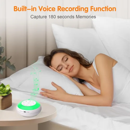 Vista 6 de Máquina portátil de sonido de ruido blanco para bebés, niños y adultos, 24 sonidos naturales relajantes, luz nocturna de 7 colores, altavoz