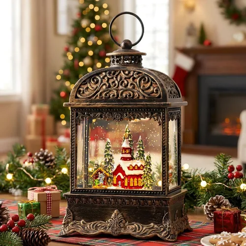 Vista 11 de Linterna de globo de nieve de Navidad con agua con escena de jengibre, funciona con batería o USB, luz musical iluminada, decoración festiva