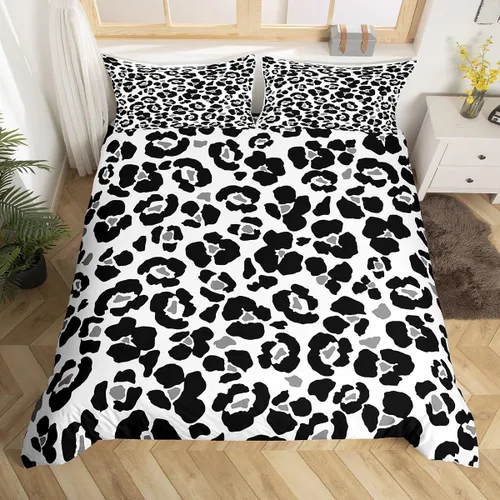 Vista 2 de Juego de funda de edredón con estampado de leopardo abstracto, tamaño individual, juegos de ropa de cama de piel de guepardo negro y gris