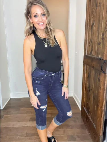 Vista 2 de luvamia Pantalones capri para mujer, elásticos, de cintura alta, desgastados, rasgados, ajustados, recortados