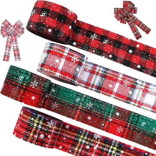 Vista 8 de Willbond 4 rollos de cinta de Navidad a cuadros de 24 yardas, cinta de copo de nieve, arpillera a cuadros rojos y verdes, envoltura decorativa