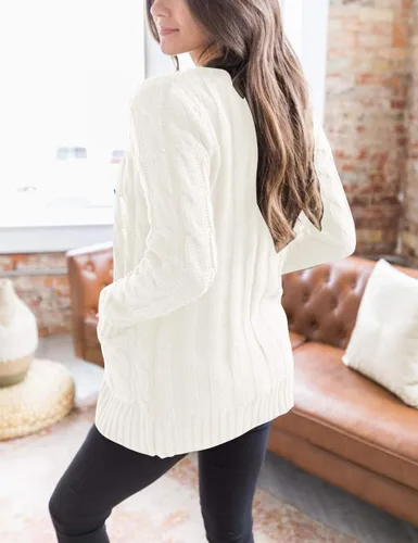 Vista 2 de MEROKEETY - Suéter de punto trenzado y manga larga para mujer, estilo cárdigan abierto al frente, con botones, para otoño, ropa de exterior holgada