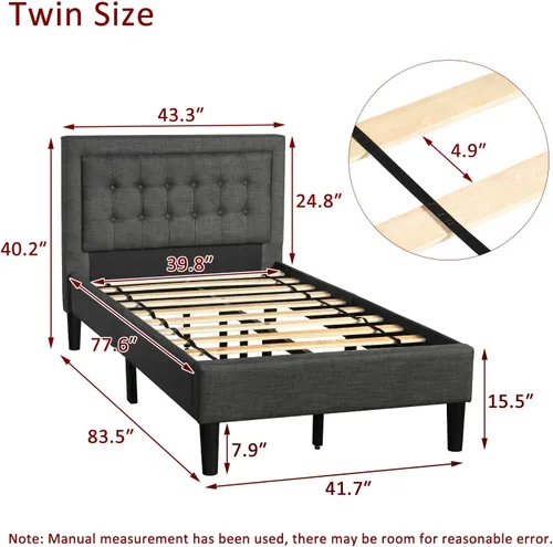 Vista 2 de Anwick Cama de plataforma tapizada con botones y soporte de listones de madera resistente (individual, gris)