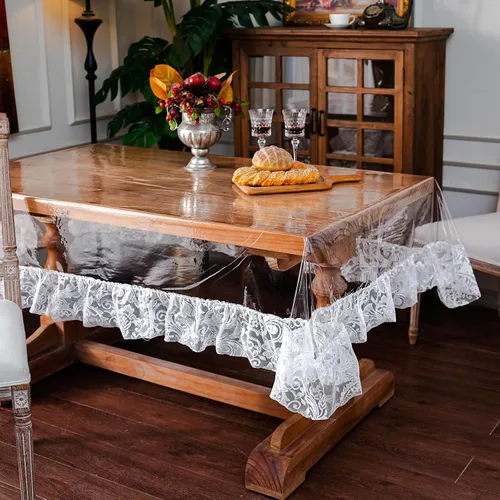 Vista 11 de ARTABLE - Mantel rectangular de vinilo de PVC con encaje beige, 52 x 70 pulgadas Waterproof clear vinyl protects tables while the lace macrame