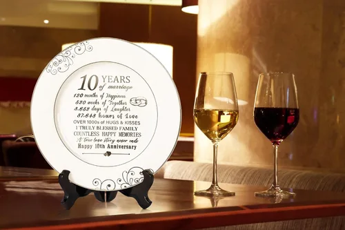 Vista 7 de Urllinz Plato del 10º Aniversario con Decoraciones de Lámina de Platino - Regalos de Estaño de Boda de 10 Años para Ella Parejas Esposa Él Marido