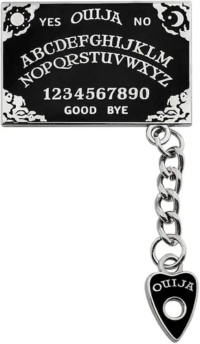 Vista 2 de Pinsanity Tablero Ouija negro con pin de solapa esmaltada con dije de planchette, Esmalte, Sin gemas.