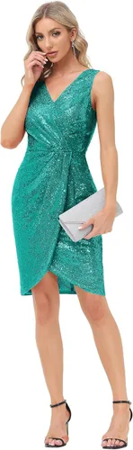 Vista 2 de GRACE KARIN Vestido de fiesta sexy con lentejuelas brillantes para mujer, vestido de club, sin mangas, cuello en V, fruncido, vestido de cóctel