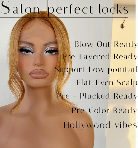 Vista 4 de #27 Peluca de encaje frontal rubia miel sin pegamento, onda corporal, pelucas de encaje frontal sintéticas prediseñadas, con línea de cabello