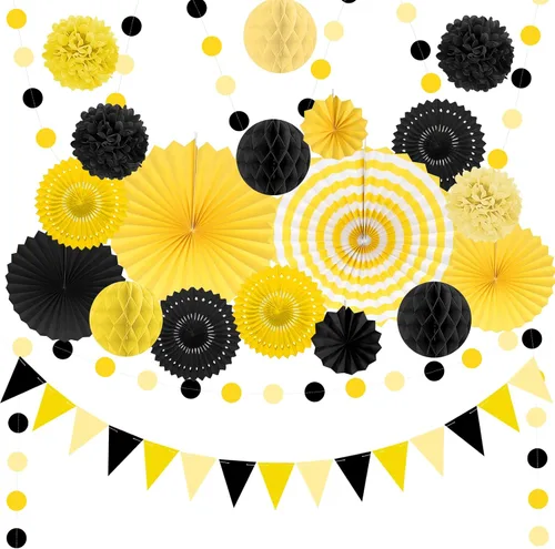Vista 12 de Juego de 24 piezas de decoración de fiesta de cumpleaños azul marino dorado para baby shower with Hanging Paper Fans Pom Poms Flowers Garland