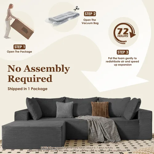 Vista 5 de INGEROOM Sofá Seccional Modular Cloud de 108 pulgadas con asiento profundo, sofá sin armazón con otomana móvil, sofá de espuma viscoelástica de pana
