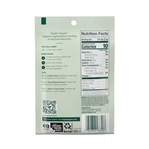Vista 2 de Mezcla para Dip Simply Organic, Ranch, 1.5 oz