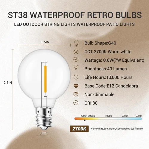 Vista 2 de KGC Bombillas LED G40, bombillas LED inastillables de repuesto de 1.5 pulgadas para luces de cadena de exteriores, 0.6 vatios equivalentes a