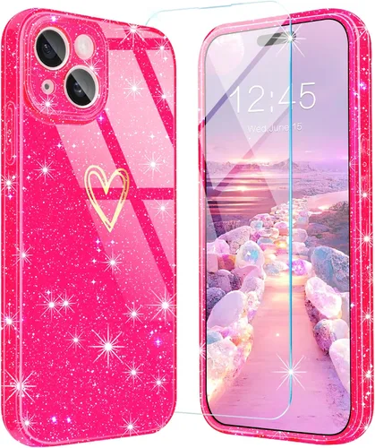 Vista 13 de Funda para iPhone 15, purpurina transparente con [1 protector de pantalla de vidrio templado] Funda protectora delgada y suave de silicona