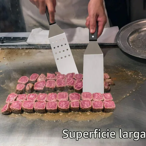 Vista 4 de HaSteeL Espátula de plancha de metal, acero inoxidable larga con mango remachado, girador de hamburguesas perforado resistente y sólido para cocinar