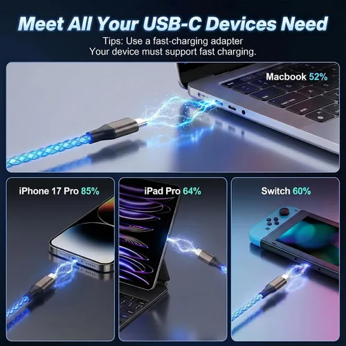 Vista 5 de Cable USB C a USB C, cable de carga rápida que se ilumina siempre encendido Azul