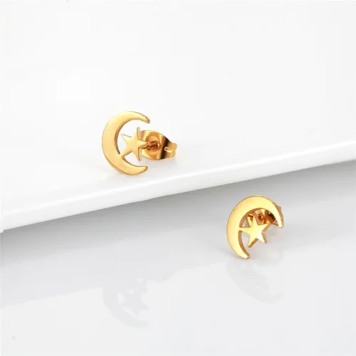 Vista 2 de Pendientes de tuerca con estrella de luna crecienteAnkh, aretes de acero inoxidable chapados en oro de 18 quilates, joyería para mujer