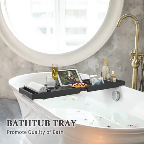Vista 5 de Bandeja de baño para tina, bandeja organizadora ajustable de bambú con jabonera, ideal para spa de lujo o lectura (negro)