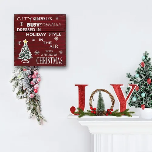 Vista 3 de Linfevisi Letrero de madera de Navidad con texto en inglés «Joy Christmas», letrero de madera con texto en inglés «Joy Block» para decoración