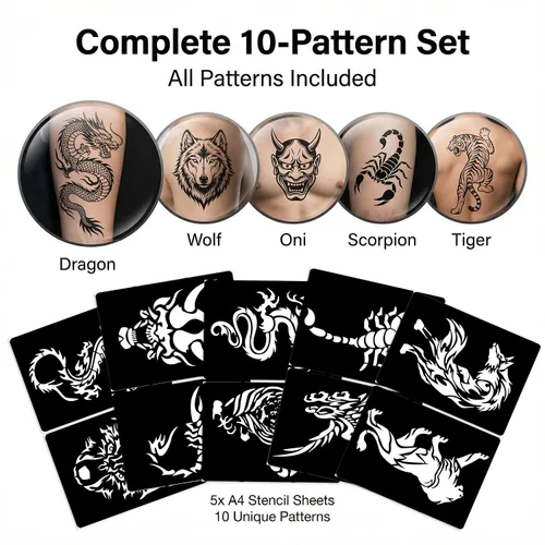 Vista 9 de 10 plantillas de tatuaje temporales de patrones grandes, 5 hojas tamaño A4, kit de plantillas de tatuaje tribal, plantillas profesionales de 3 capas
