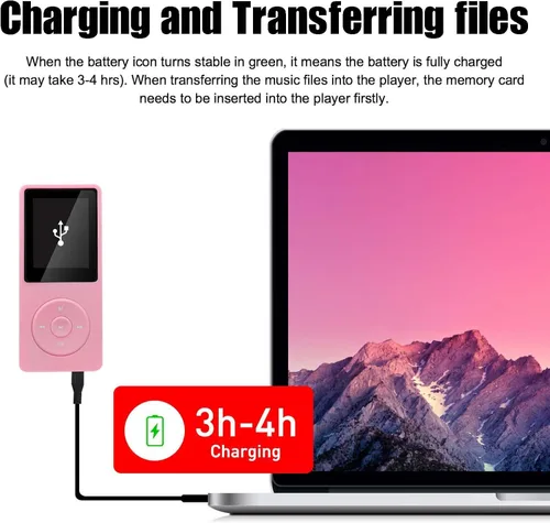 Vista 7 de Reproductor MP3 de 128 GB con Bluetooth 5.2, reproductor de música portátil rosa para niños con altavoz HD integrado, radio FM, grabadora de voz