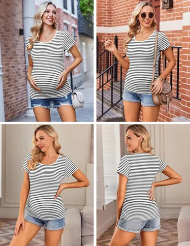 Vista 2 de Ekouaer Camisas de maternidad para mujer, paquete de 3 unidades, camiseta de embarazo fruncida lateral, blusa tipo túnica, casual, ropa para mamá