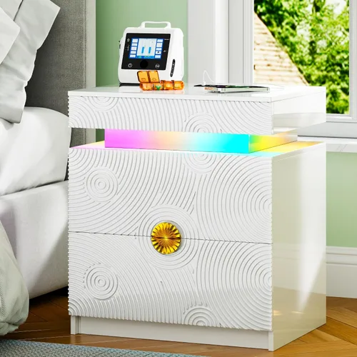 Vista 14 de Gurexl Mesita de noche inteligente con altavoz Bluetooth, moderna mesita de noche con luces LED RGB y estación de carga inalámbrica, soporte