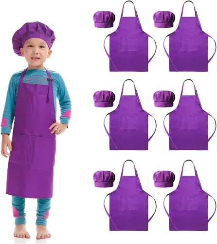 Vista 6 de Paquete de 6 delantales ajustables para niños y sombrero de chef para cocinar, hornear, pintura, arte, delantal para niñas y niños con 2 bolsillos