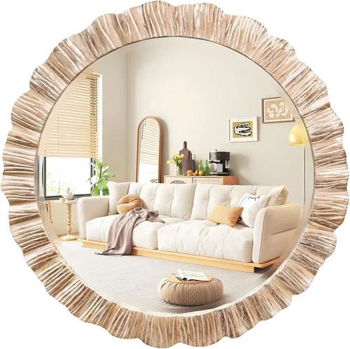 Vista 8 de Espejo redondo de madera de 35 pulgadas, espejo de madera grande de granja, negro lavado Rustic Wood Round Mirror for Wall Decor, Beleved
