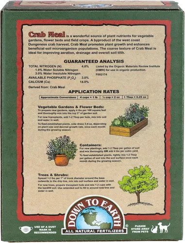 Vista 2 de Down To Earth All Natural Fertilizers Harina orgánica de cangrejo - Alimento vegetal para huertos y macizos de flores 4-3-0, 4 libras