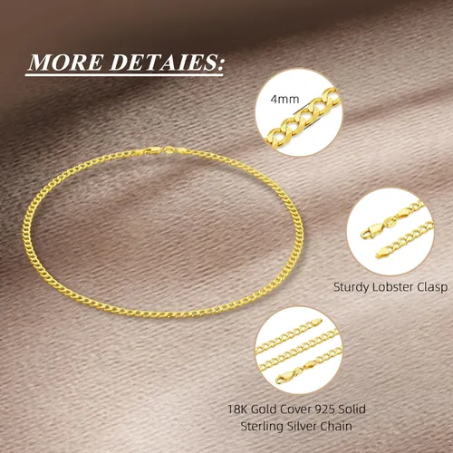 Vista 2 de 18K Gold Plated 4mm Sterling Silver Cuban Link Chain for Men, Solid 925 Sterling Silver Chain for Men Women, Diamond-Cut Chains for Men
