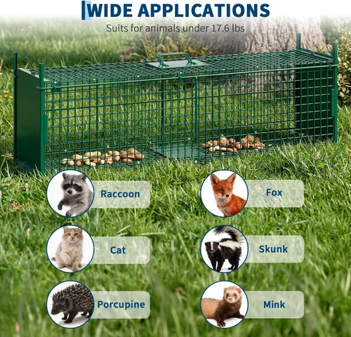 Vista 6 de Jaula de trampa para animales vivos de doble puerta, plegable, de acero resistente, fácil de instalar y liberar, gatillo sensible, asa