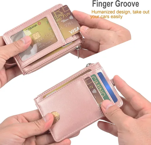 Vista 3 de Teskyer - Cartera minimalista delgada, soporte para tarjetas de crédito con bloqueo RFID, compartimento frontal de piel para documentos