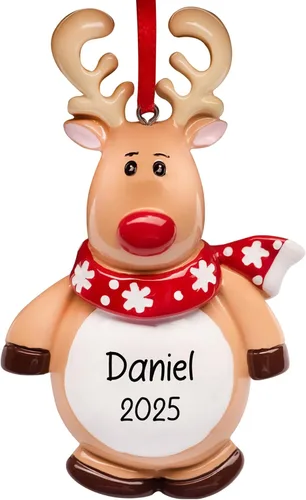 Vista 7 de Adorno de Navidad personalizado de reno 2026 – Personalización gratuita Figura de ciervo con sombrero de Papá Noel enredado en luces para árbol